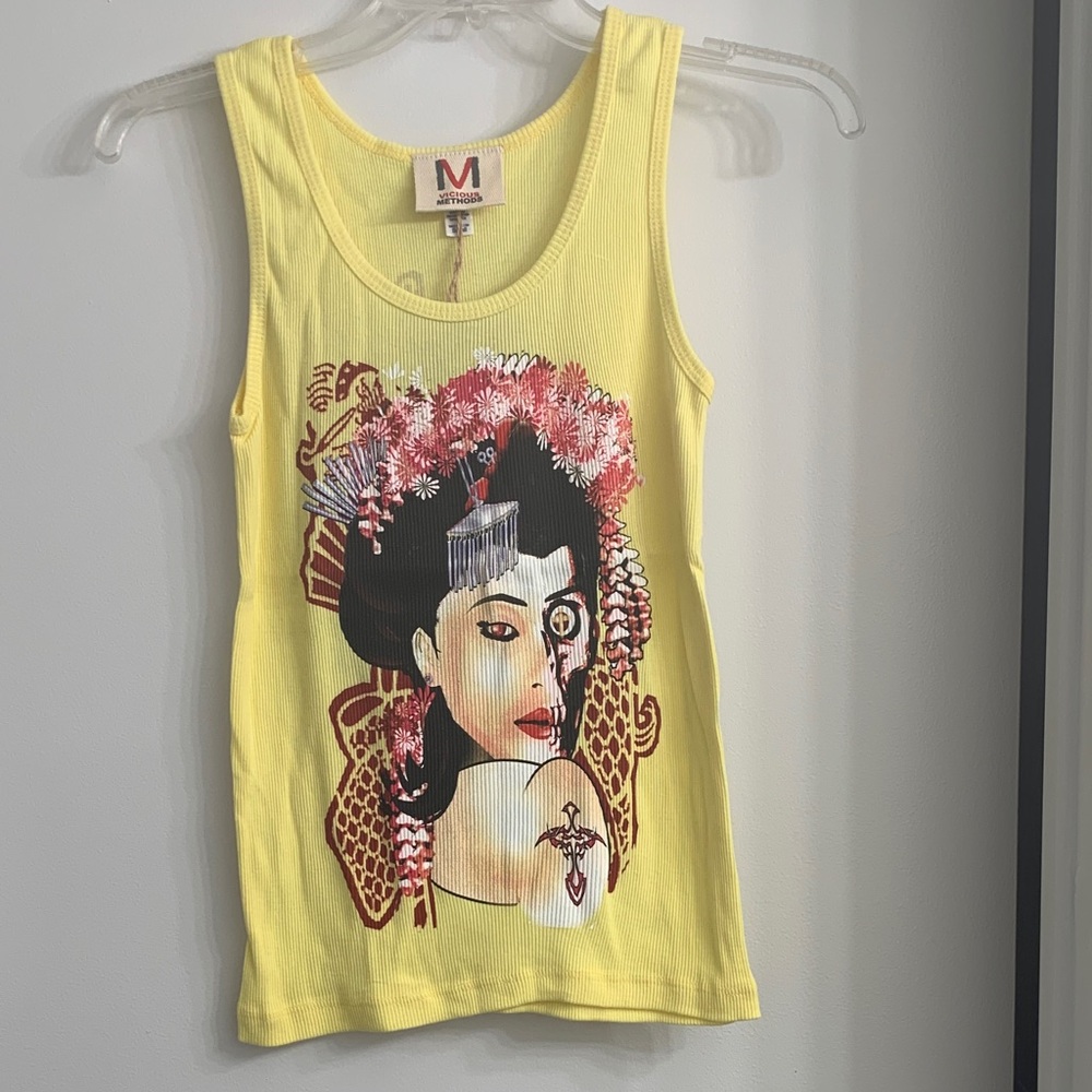 New. Vicious Methods Yellow Geisha Ribbed Tank Top